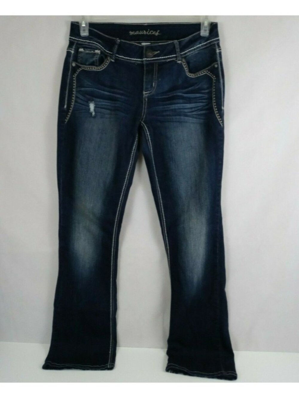 Maurices Women's Distressed Ripped Sequined Thick Stitched Bootcut Jeans Sz 7/8